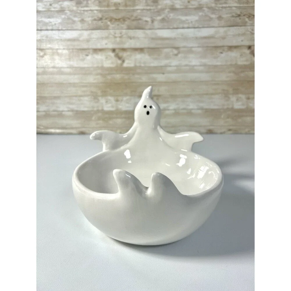 Haunted Manor White Ceramic Ghost Candy Bowl Dish Halloween Home Decor